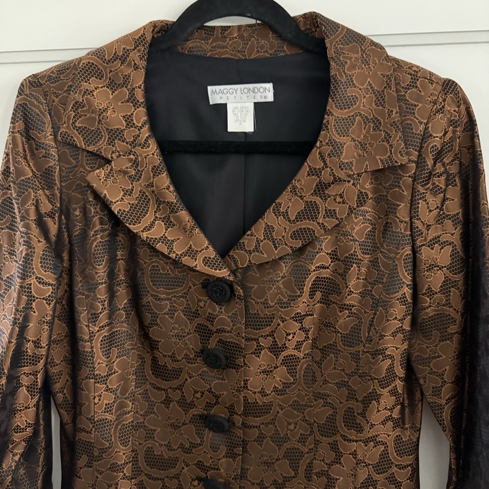 Maggy London Vintage Copper Floral Lace Ruffle Blazer Jacket Size 8 USA Made EUC - Picture 2 of 8